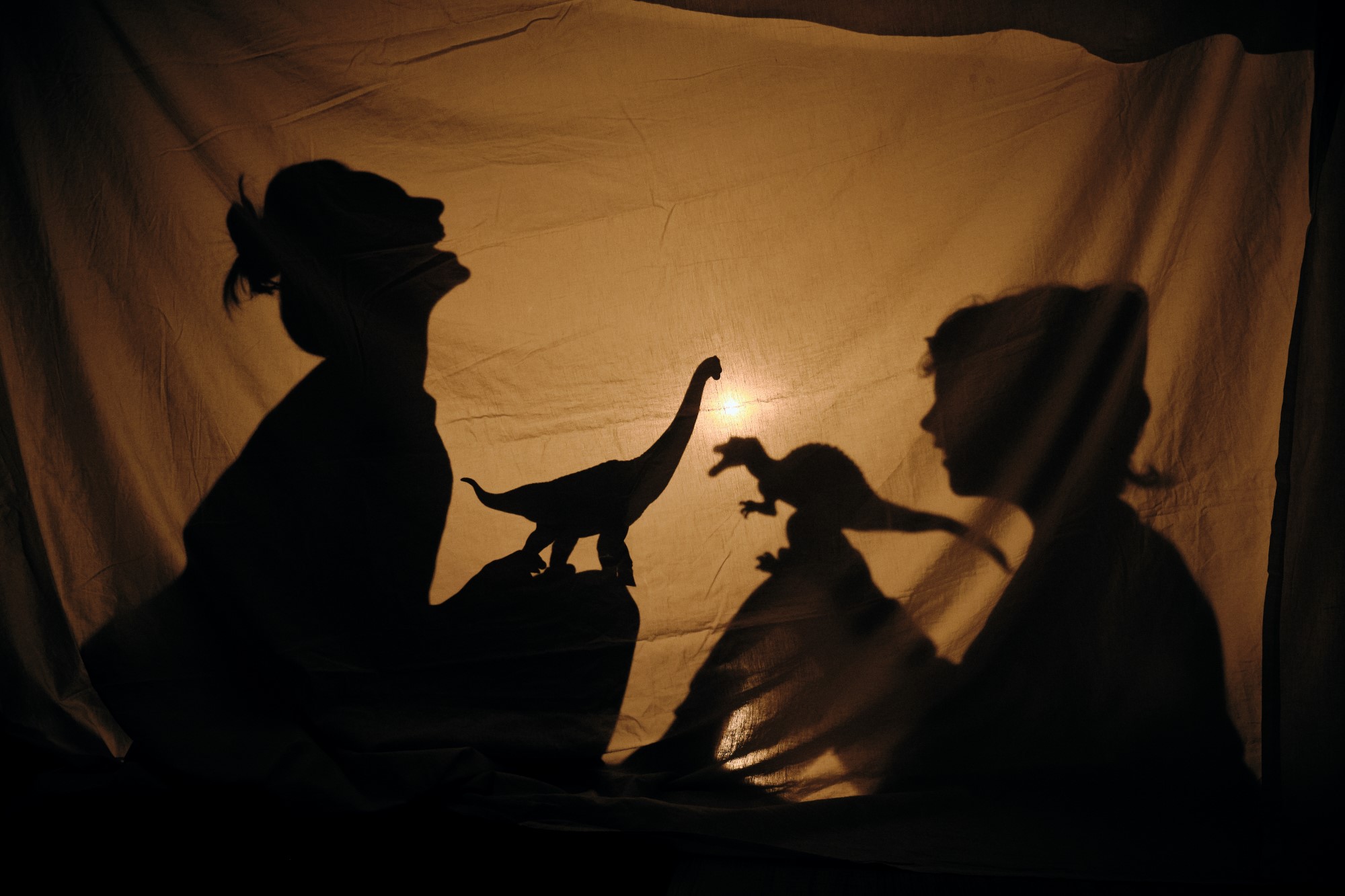 Silhouette of woman with kid playing behind sheet